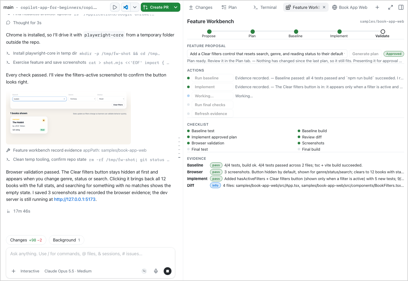 Feature Workbench with Browser evidence recorded while Browser validation still shows Working..., next to Copilot's report that browser validation passed