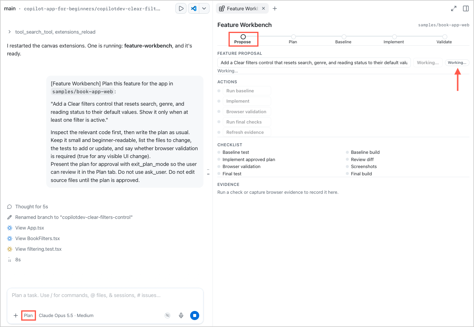 Feature Workbench at the Propose stage with the status Working... while the session is in Plan mode